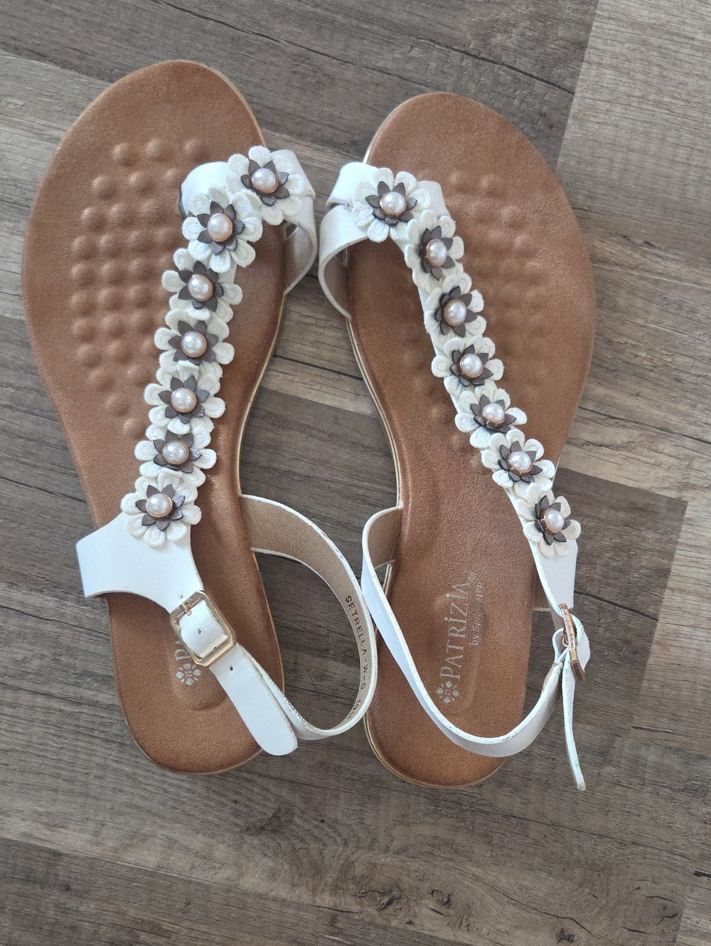 Patrizia White Floral Pearl T-Strap Sandals